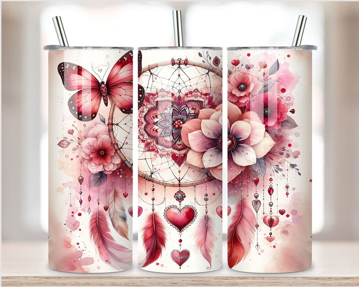 20oz Dreamcatcher & Butterfly Skinny Tumbler – Romantic Boho Floral Design - WG Creative Co.
