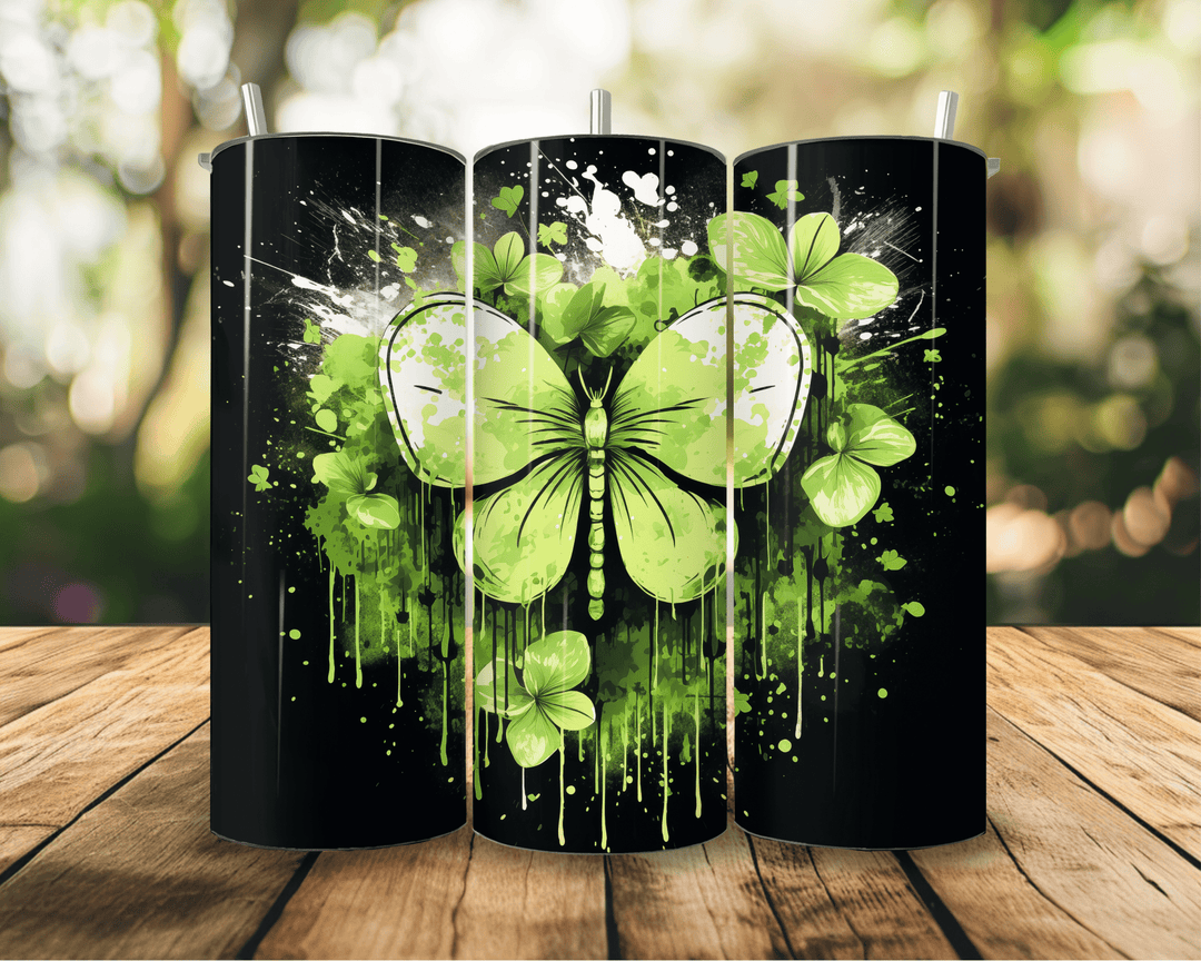 20oz Shamrock Butterfly Tumbler – St. Patrick’s Day Green Splatter Design - WG Creative Co.