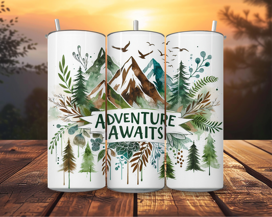 20oz Adventure Awaits Skinny Tumbler – Mountain Forest Design