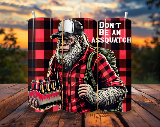 20oz Bigfoot Skinny Tumbler – Don’t Be an Assquatch Plaid Design