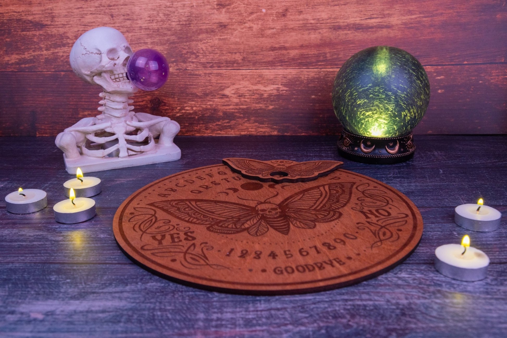 Custom Engraved Ouija Board with Moth & Skull Design – Personalized Gothic Spirit Board for Halloween Decor - WG Creative Co.