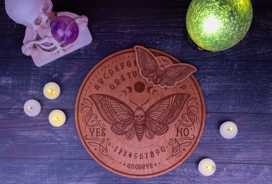 Custom Engraved Ouija Board with Moth & Skull Design – Personalized Gothic Spirit Board for Halloween Decor - WG Creative Co.