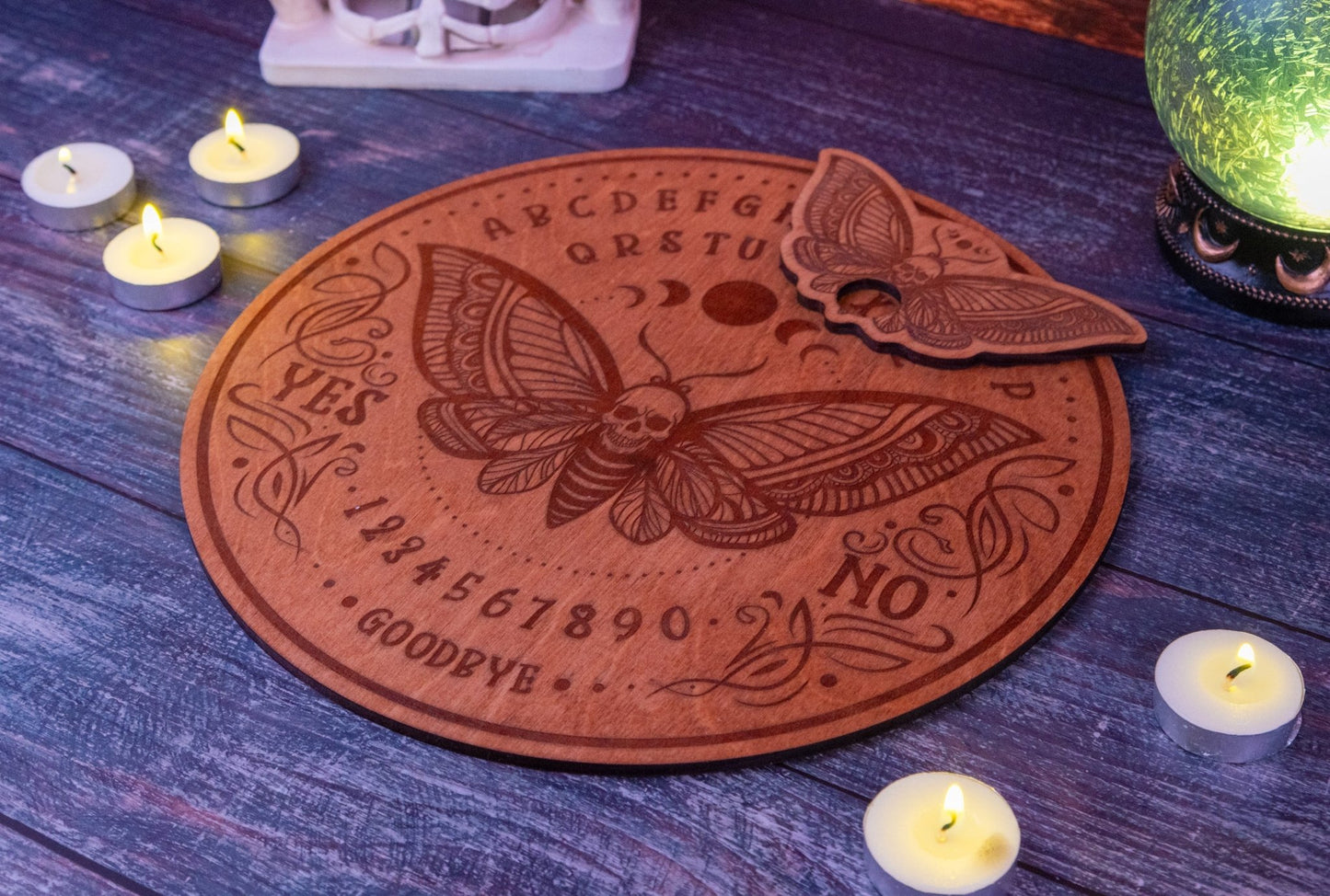 Custom Engraved Ouija Board with Moth & Skull Design – Personalized Gothic Spirit Board for Halloween Decor - WG Creative Co.