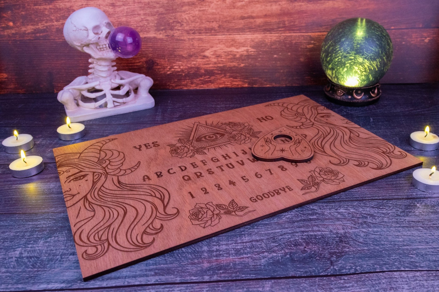 Custom Engraved Ouija Board with Horned Goddess Design – Personalized Spirit Board for Mystical Halloween Decor - WG Creative Co.