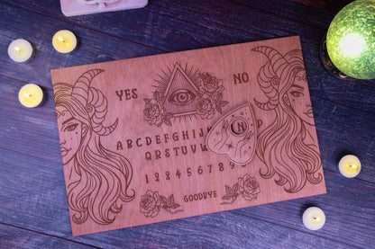 Custom Engraved Ouija Board with Horned Goddess Design – Personalized Spirit Board for Mystical Halloween Decor - WG Creative Co.