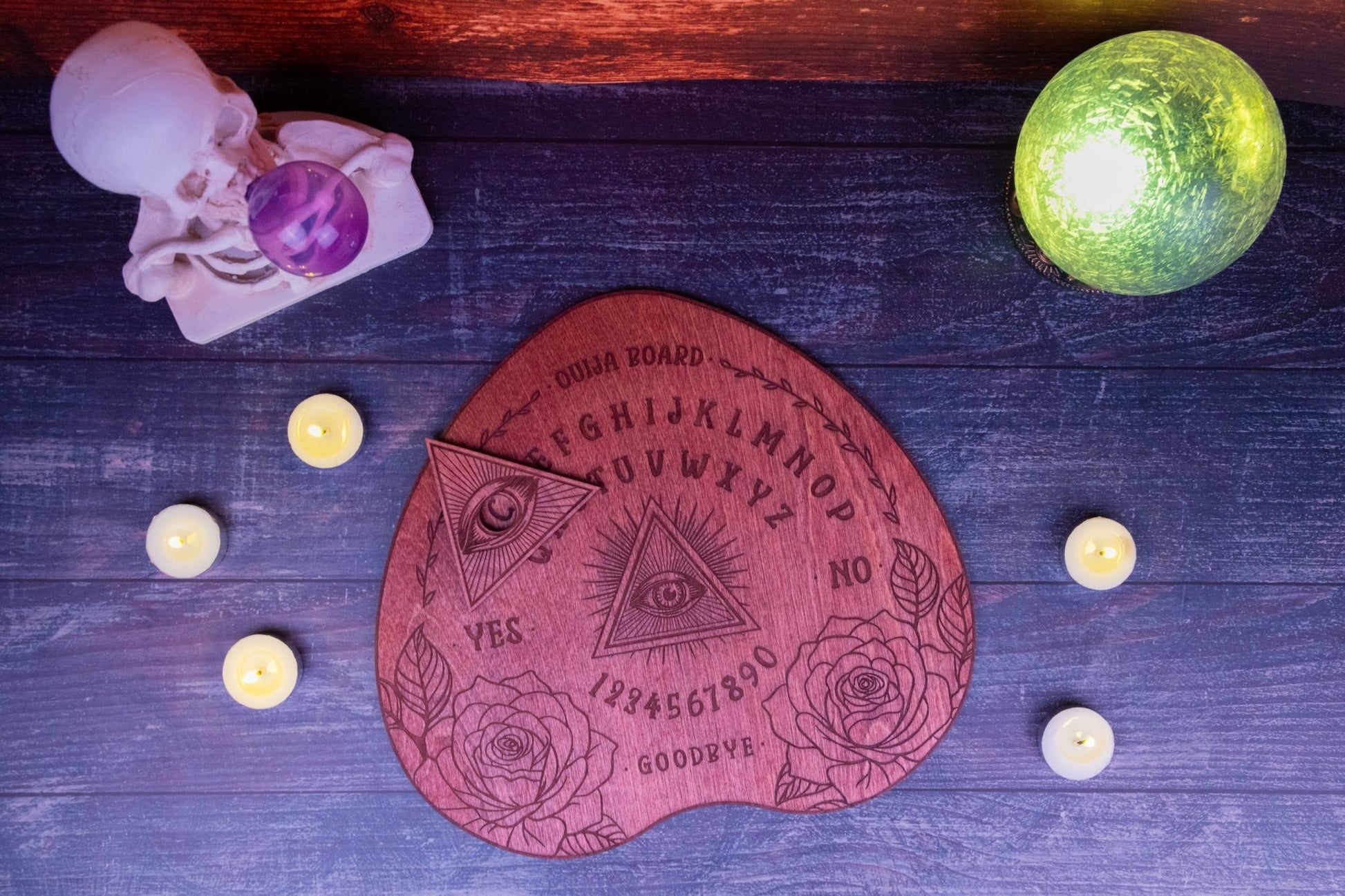 Custom Engraved Ouija Board with Mystical Roses & All - Seeing Eye – Personalized Spirit Board for Halloween Decor - WG Creative Co.