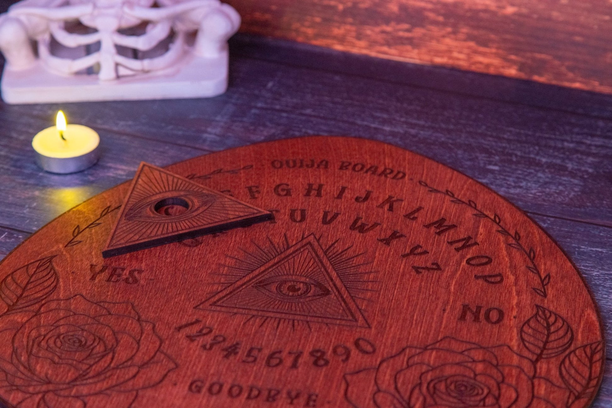 Custom Engraved Ouija Board with Mystical Roses & All - Seeing Eye – Personalized Spirit Board for Halloween Decor - WG Creative Co.