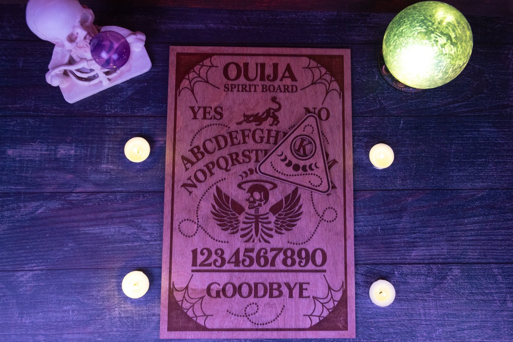 Custom Engraved Ouija Board with Winged Skull Design | Personalized Halloween Decor - WG Creative Co.