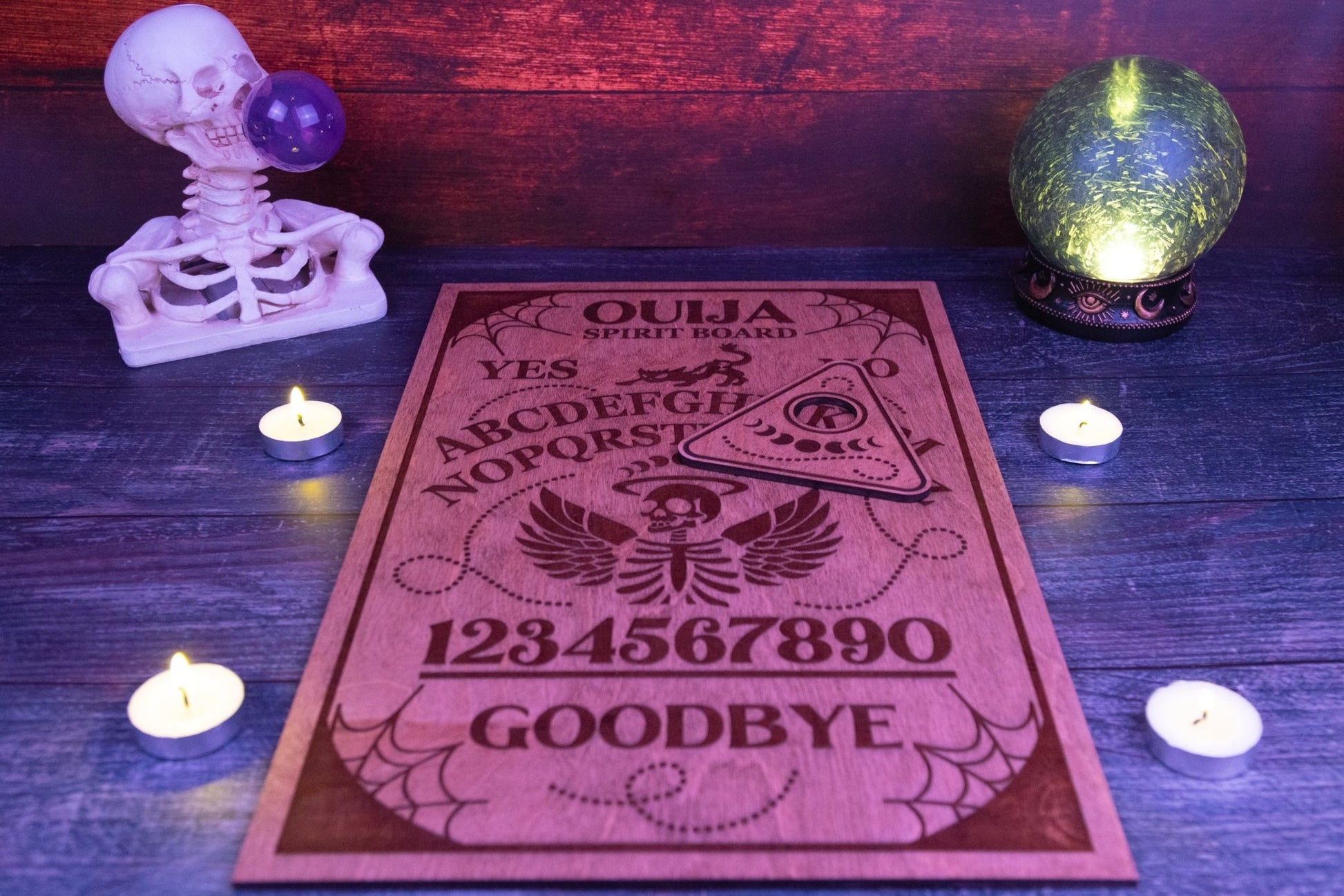 Custom Engraved Ouija Board with Winged Skull Design | Personalized Halloween Decor - WG Creative Co.