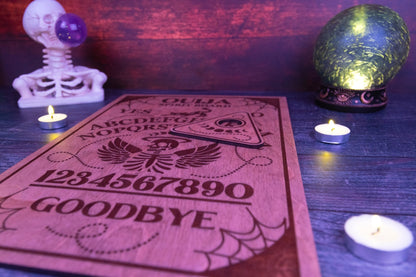 Custom Engraved Ouija Board with Winged Skull Design | Personalized Halloween Decor - WG Creative Co.