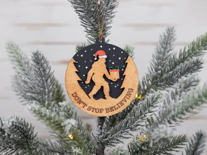 Don’t Stop Believing Bigfoot Christmas Ornament – Hand-Painted Wood & Acrylic Holiday Décor