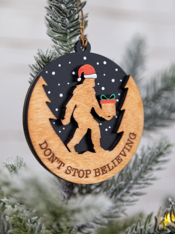 Don’t Stop Believing Bigfoot Christmas Ornament – Hand - Painted Wood & Acrylic Holiday Décor - WG Creative Co.
