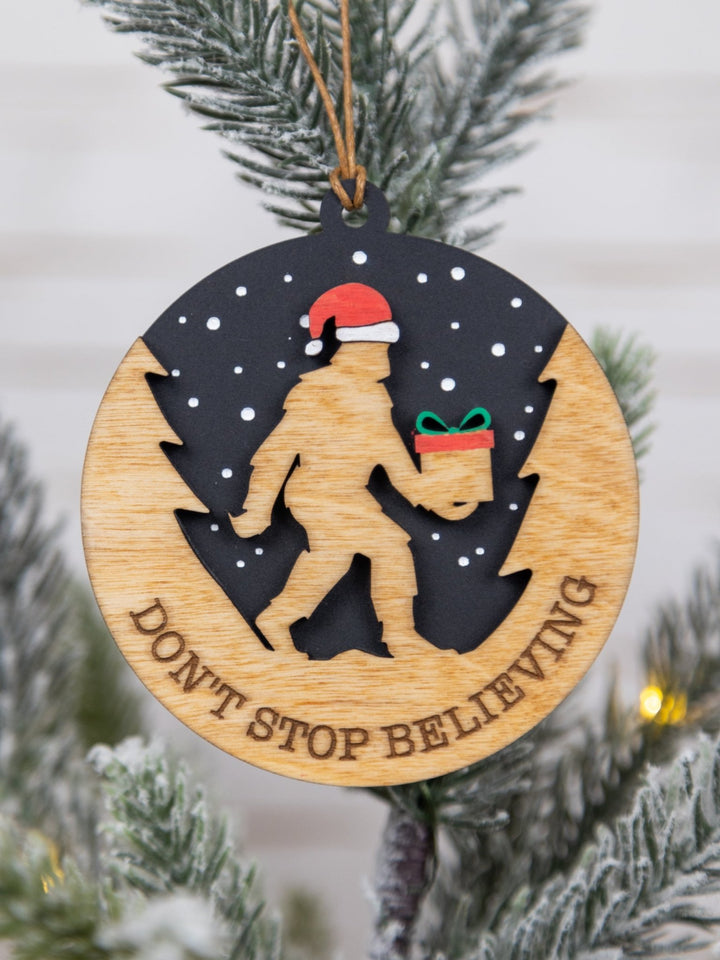 Don’t Stop Believing Bigfoot Christmas Ornament – Hand - Painted Wood & Acrylic Holiday Décor - WG Creative Co.