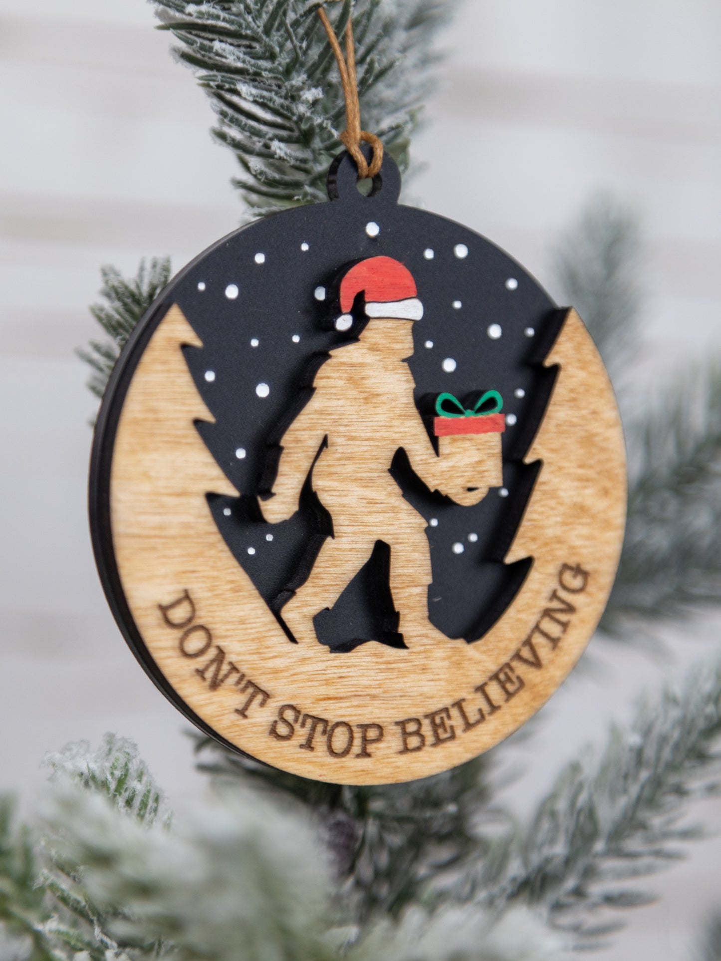 Don’t Stop Believing Bigfoot Christmas Ornament – Hand-Painted Wood & Acrylic Holiday Décor