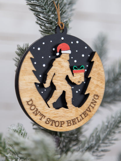 Don’t Stop Believing Bigfoot Christmas Ornament – Hand-Painted Wood & Acrylic Holiday Décor