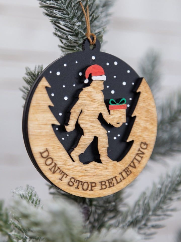 Don’t Stop Believing Bigfoot Christmas Ornament – Hand - Painted Wood & Acrylic Holiday Décor - WG Creative Co.