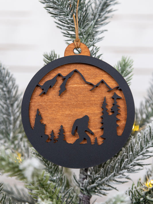 Bigfoot Mountain Scene Ornament – Wood & Acrylic Sasquatch Christmas Décor