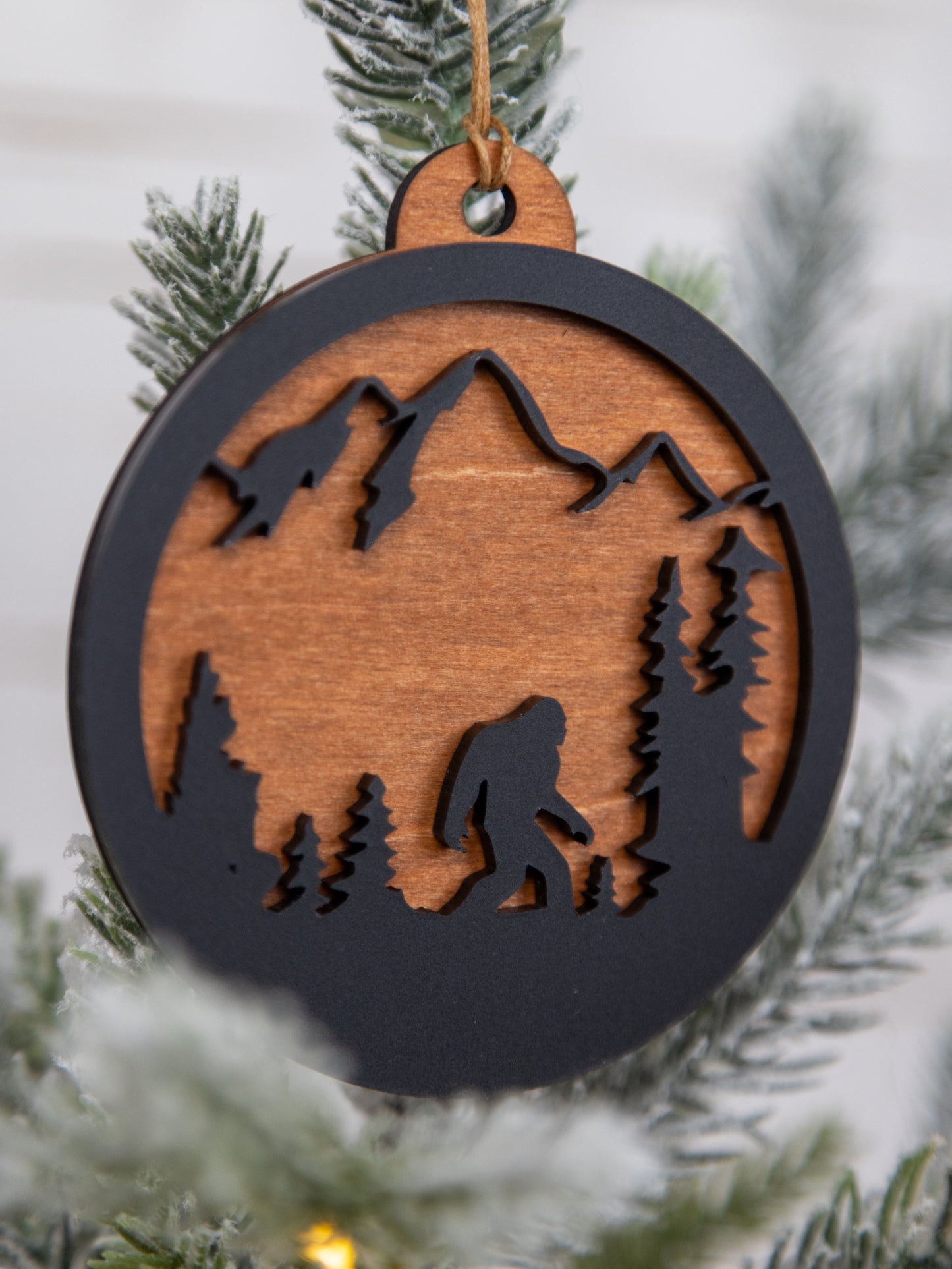 Bigfoot Mountain Scene Ornament – Wood & Acrylic Sasquatch Christmas Décor