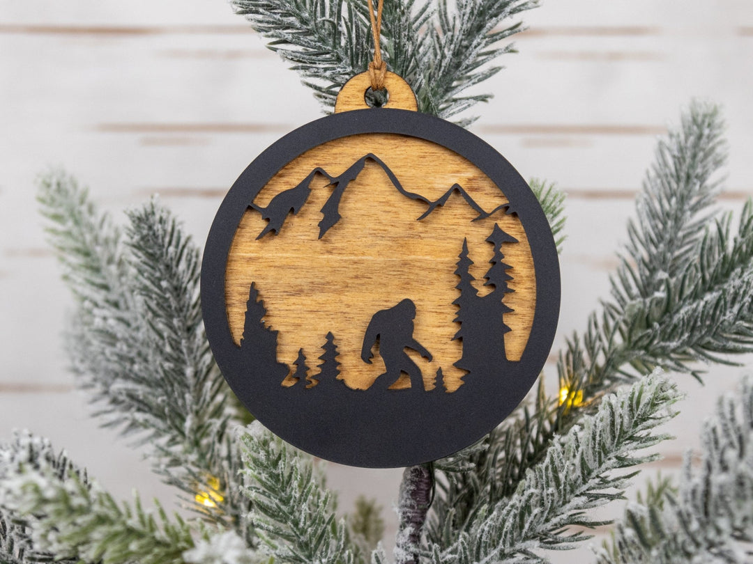 Bigfoot Mountain Scene Ornament – Wood & Acrylic Sasquatch Christmas Décor - WG Creative Co.
