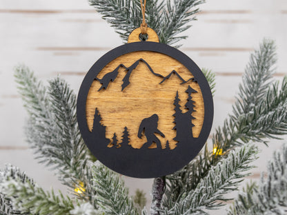 Bigfoot Mountain Scene Ornament – Wood & Acrylic Sasquatch Christmas Décor