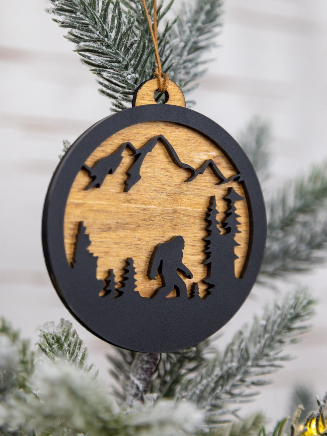 Bigfoot Mountain Scene Ornament – Wood & Acrylic Sasquatch Christmas Décor - WG Creative Co.