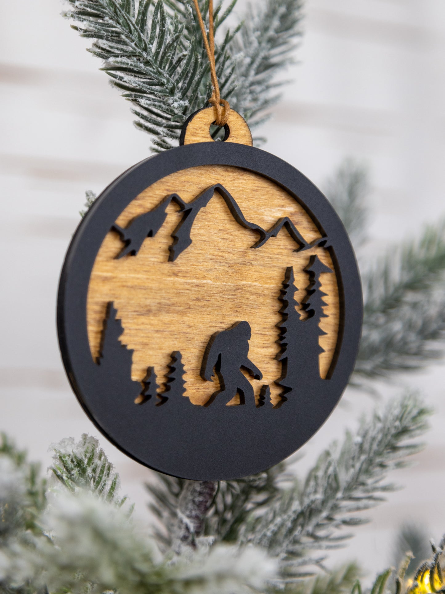 Bigfoot Mountain Scene Ornament – Wood & Acrylic Sasquatch Christmas Décor