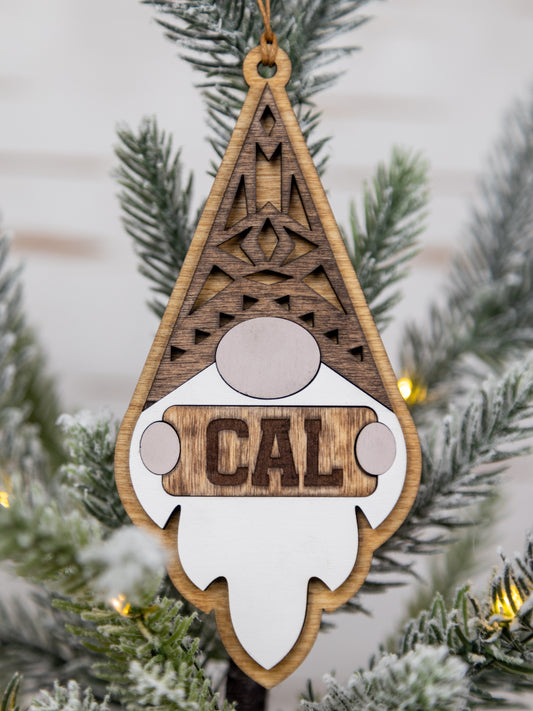 Customizable Gnome Christmas Ornament – Personalized Name Engraving & Stain Color Options