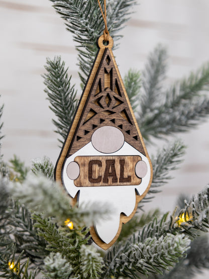 Customizable Gnome Christmas Ornament – Personalized Name Engraving & Stain Color Options