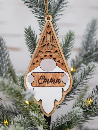 Customizable Gnome Christmas Ornament – Personalized Name Engraving & Stain Color Options