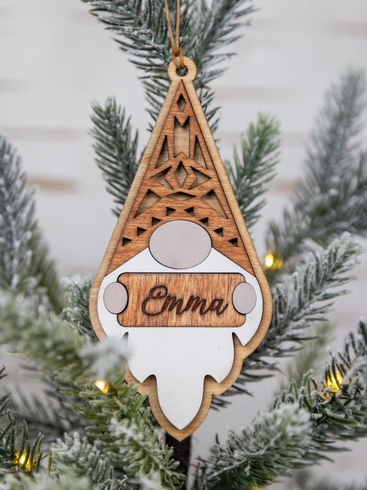 Customizable Gnome Christmas Ornament – Personalized Name Engraving & Stain Color Options - WG Creative Co.