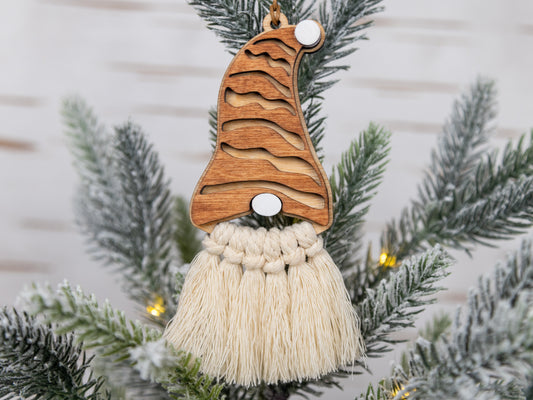 Wooden Gnome Ornament with Macrame Beard – Rustic Christmas Tree Decor