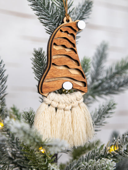 Wooden Gnome Ornament with Macrame Beard – Rustic Christmas Tree Decor