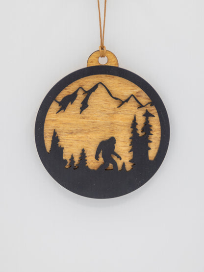 Bigfoot Mountain Scene Ornament – Wood & Acrylic Sasquatch Christmas Décor