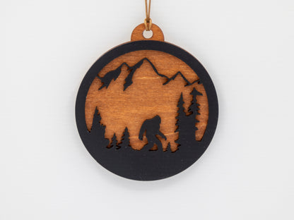 Bigfoot Mountain Scene Ornament – Wood & Acrylic Sasquatch Christmas Décor