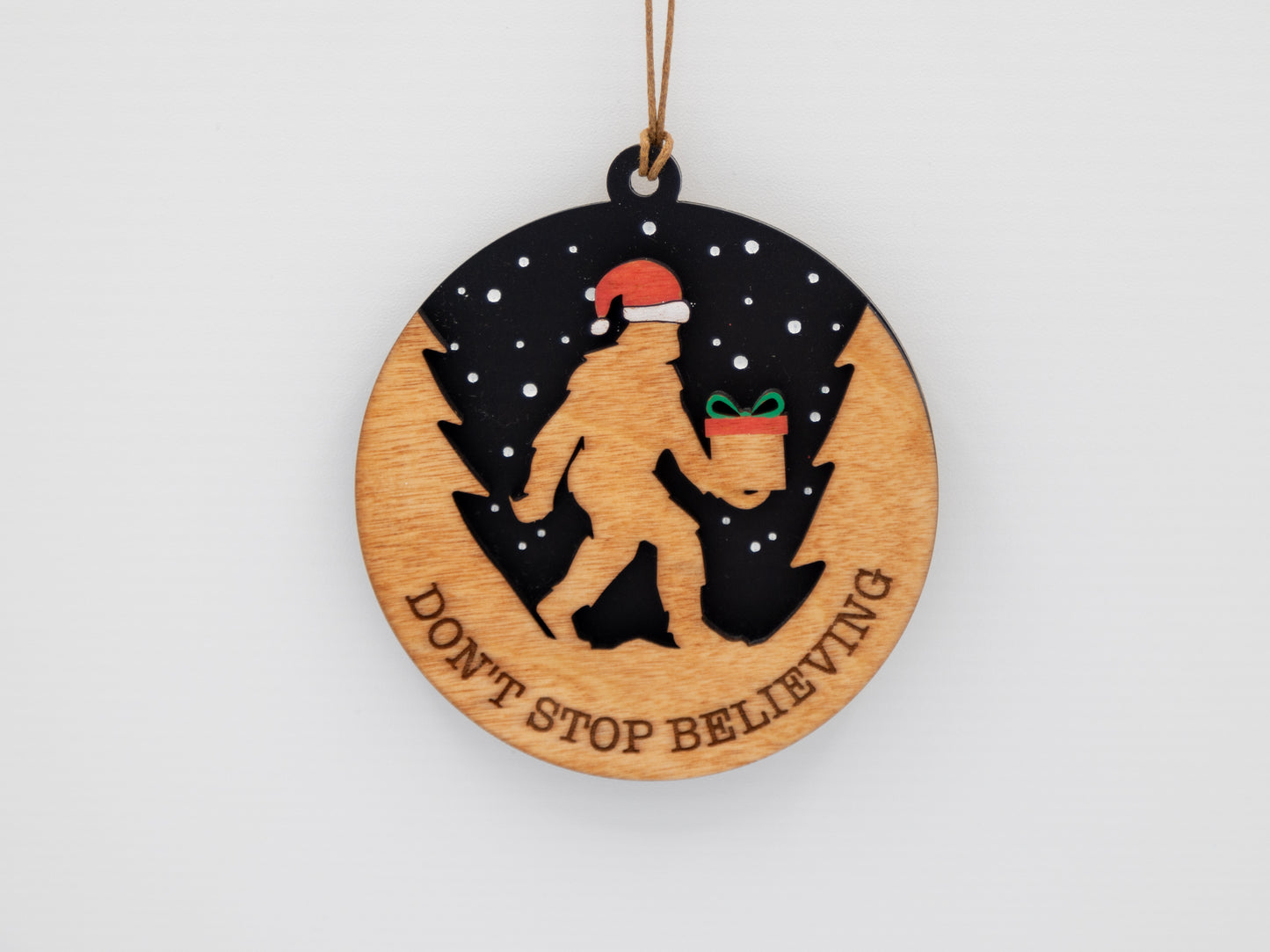 Don’t Stop Believing Bigfoot Christmas Ornament – Hand-Painted Wood & Acrylic Holiday Décor