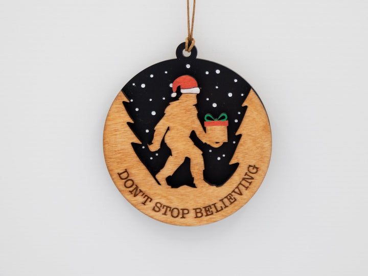 Don’t Stop Believing Bigfoot Christmas Ornament – Hand - Painted Wood & Acrylic Holiday Décor - WG Creative Co.