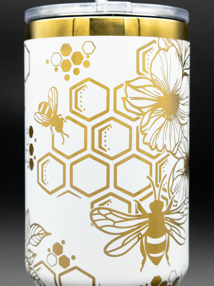 40oz Laser Engraved Gold Honeybee Tumbler – Floral & Hex Pattern | Powder-Coated Insulated Drinkware