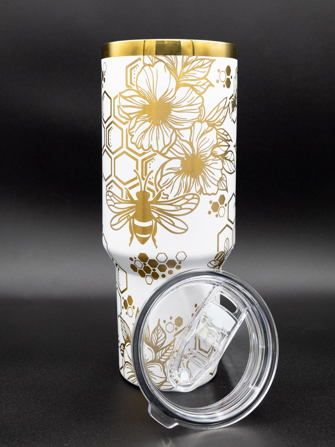 40oz Laser Engraved Gold Honeybee Tumbler – Floral & Hex Pattern | Powder-Coated Insulated Drinkware