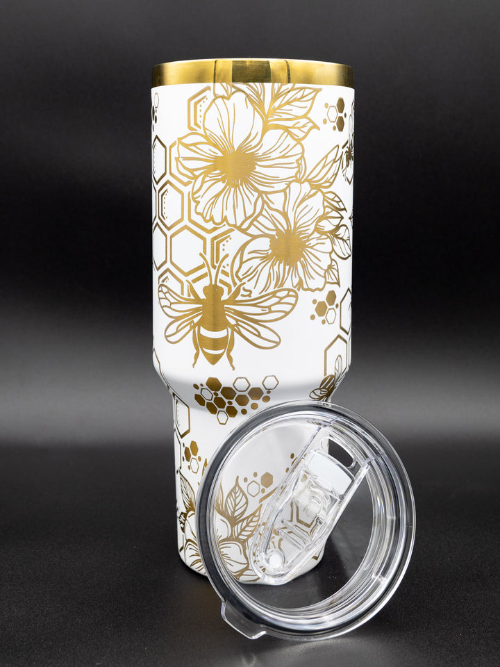 40oz Laser Engraved Gold Honeybee Tumbler – Floral & Hex Pattern | Powder-Coated Insulated Drinkware