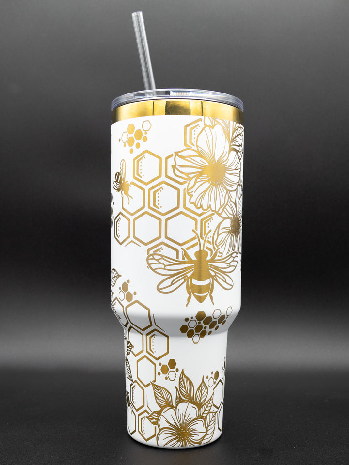 40oz Laser Engraved Gold Honeybee Tumbler – Floral & Hex Pattern | Powder-Coated Insulated Drinkware