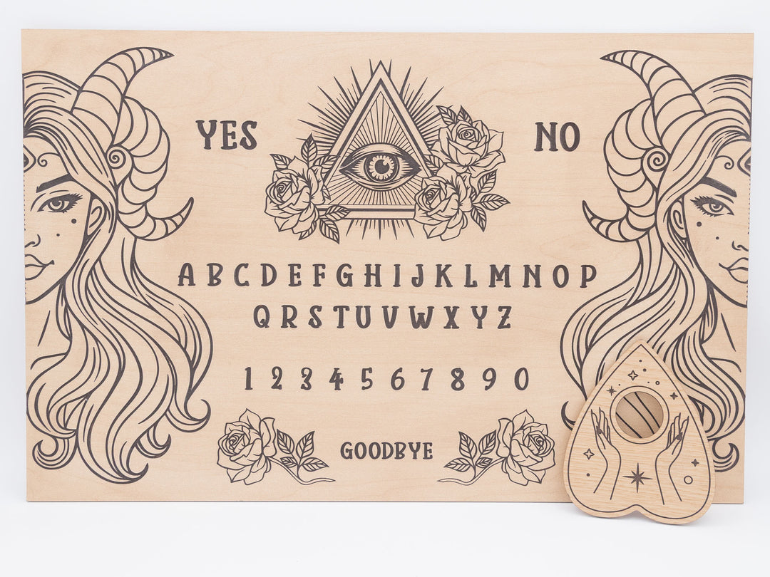 Custom Engraved Ouija Board with Horned Goddess Duo Design – Personalized Spirit Board for Mystical Halloween Decor