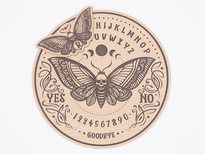 Custom Engraved Ouija Board with Moth & Skull Design – Personalized Gothic Spirit Board for Halloween Decor