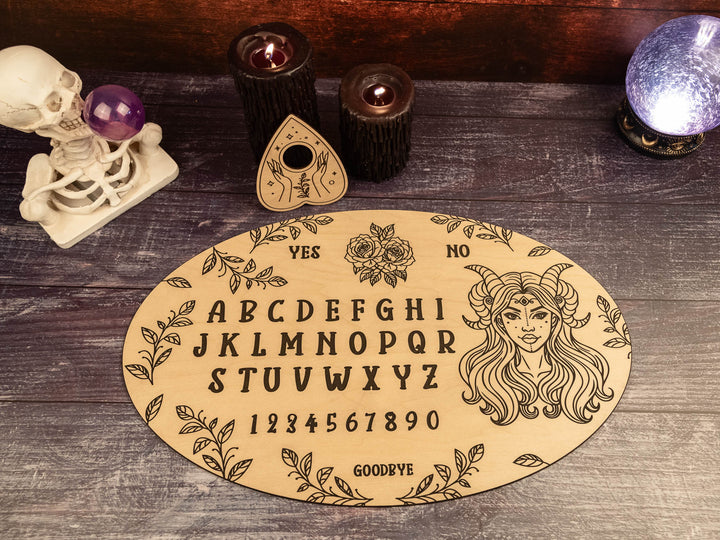 Custom Engraved Ouija Board with Horned Goddess Solo Design – Personalized Spirit Board for Mystical Halloween Decor