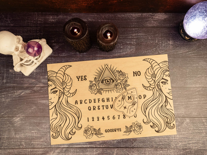 Custom Engraved Ouija Board with Horned Goddess Duo Design – Personalized Spirit Board for Mystical Halloween Decor