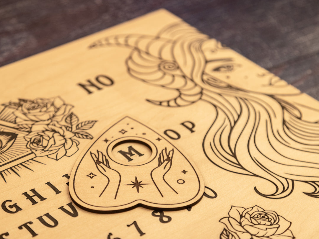 Custom Engraved Ouija Board with Horned Goddess Duo Design – Personalized Spirit Board for Mystical Halloween Decor