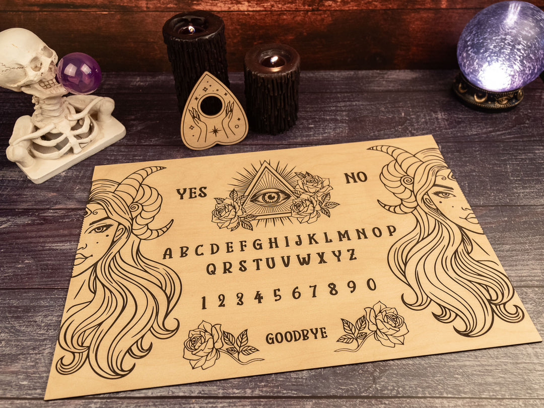 Custom Engraved Ouija Board with Horned Goddess Duo Design – Personalized Spirit Board for Mystical Halloween Decor