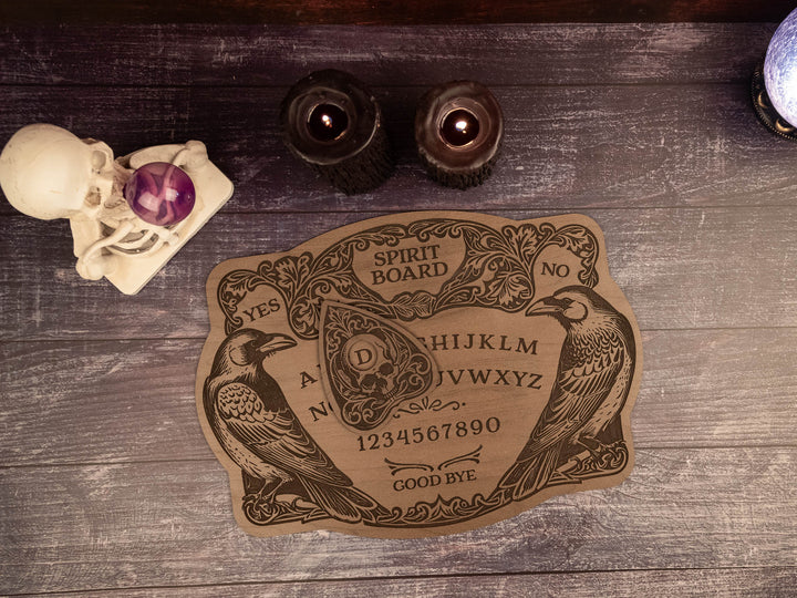 Custom Engraved Ouija Board with Twin Raven Design – Personalized Spirit Board for Mystical Halloween Decor