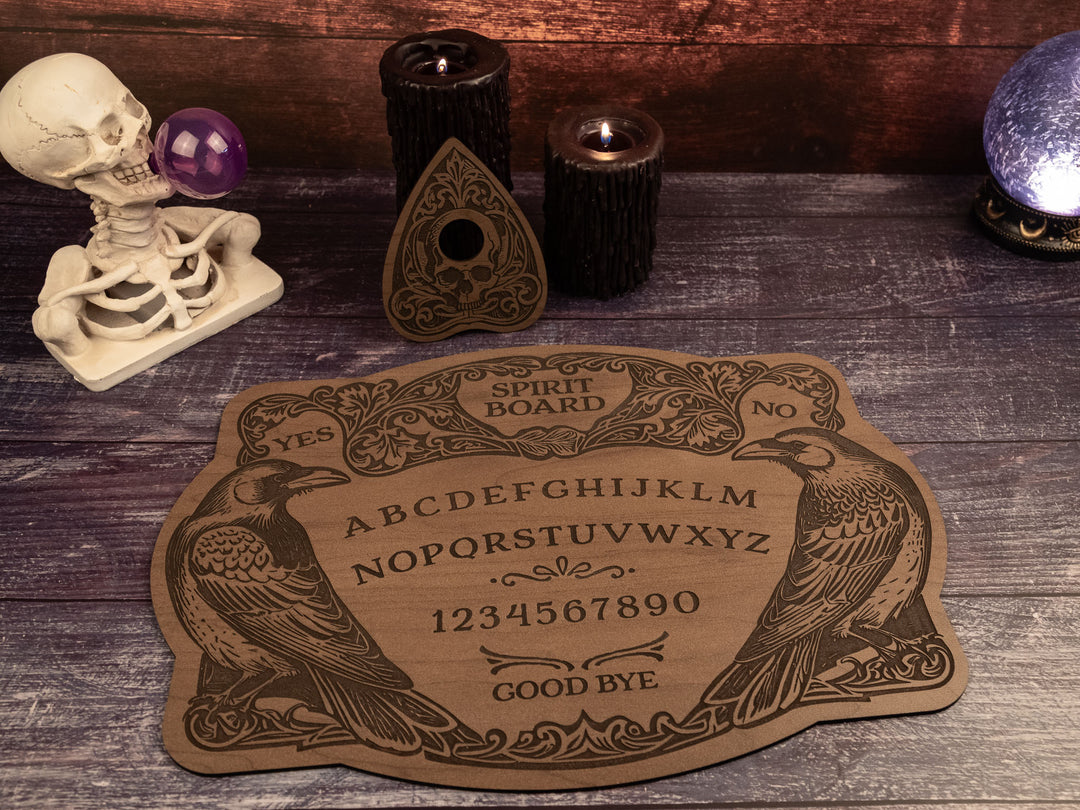 Custom Engraved Ouija Board with Twin Raven Design – Personalized Spirit Board for Mystical Halloween Decor