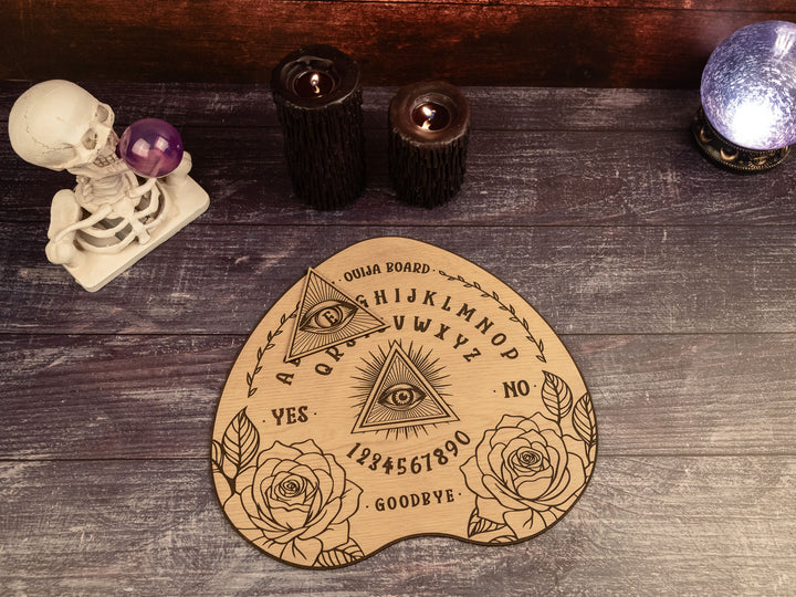Custom Engraved Ouija Board with Mystical Roses & All-Seeing Eye – Personalized Spirit Board for Halloween Decor