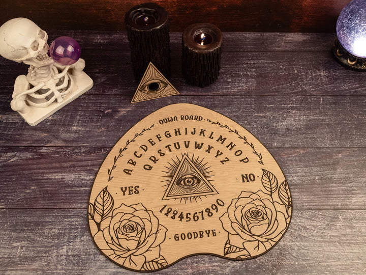 Custom Engraved Ouija Board with Mystical Roses & All-Seeing Eye – Personalized Spirit Board for Halloween Decor